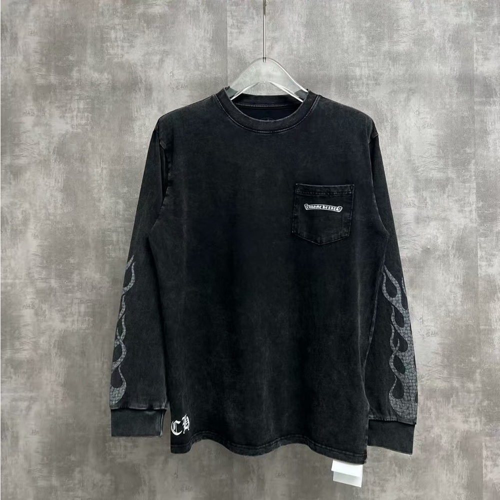 Chrome Hearts Flame Print Washed Black Pocket Long Sleeve Tee Unisex